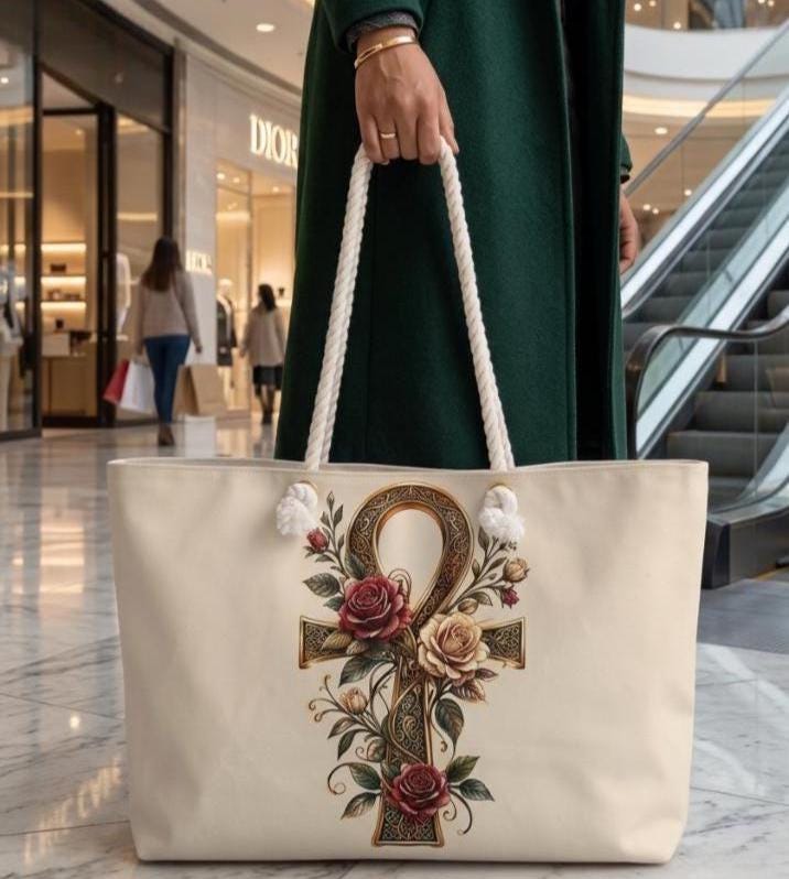 Sacred Ankh Rose Tote Bag, Spiritual Weekender Bag Women, Boho Travel, Goddess Canvas Carry On, Gift for Her