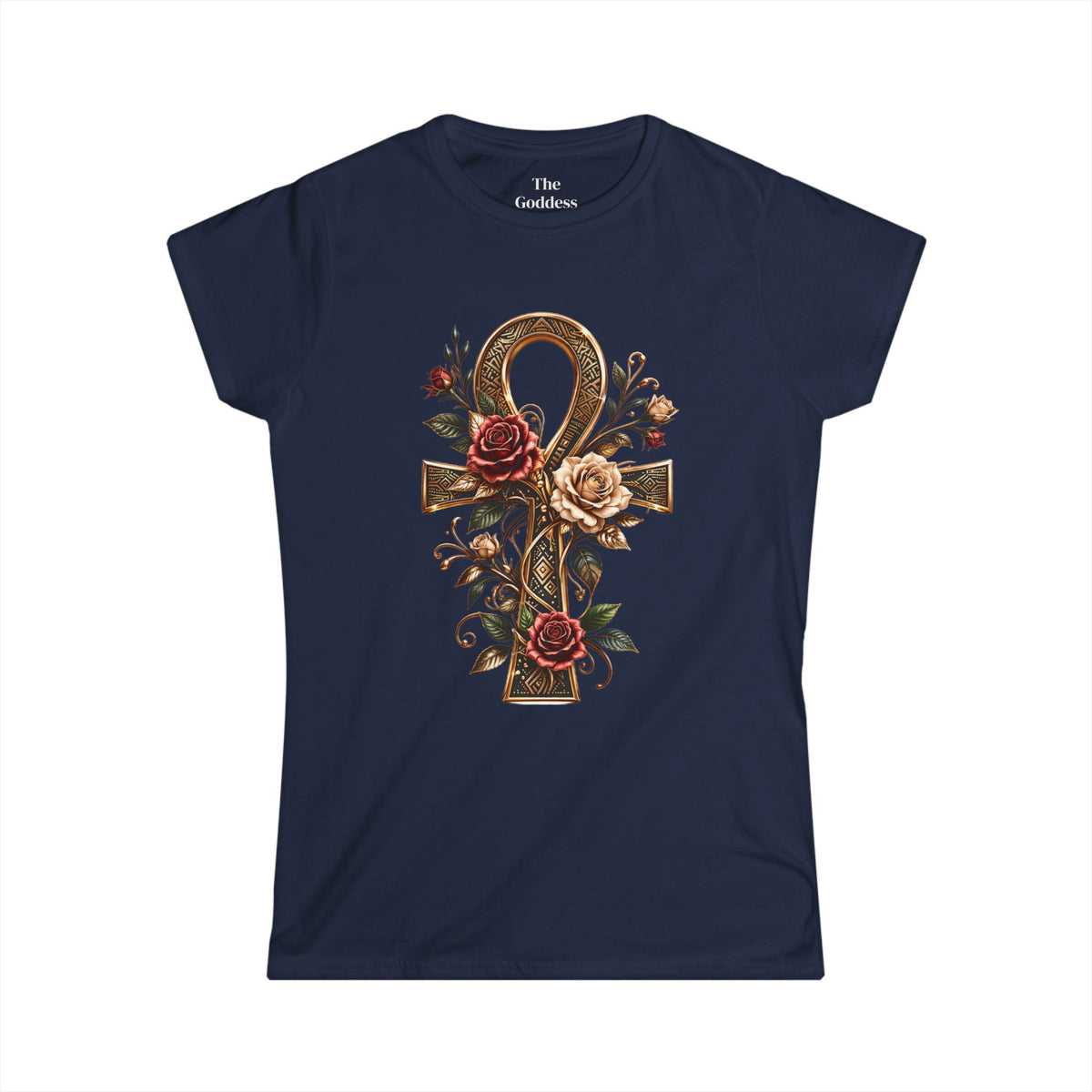 Egyptian Ankh Shirt, Floral Ankh Cross Tee, Goddess Life Symbol Tshirt, Spiritual Empowerment Gift, Gold Aesthetic Egyptian Mythology Top