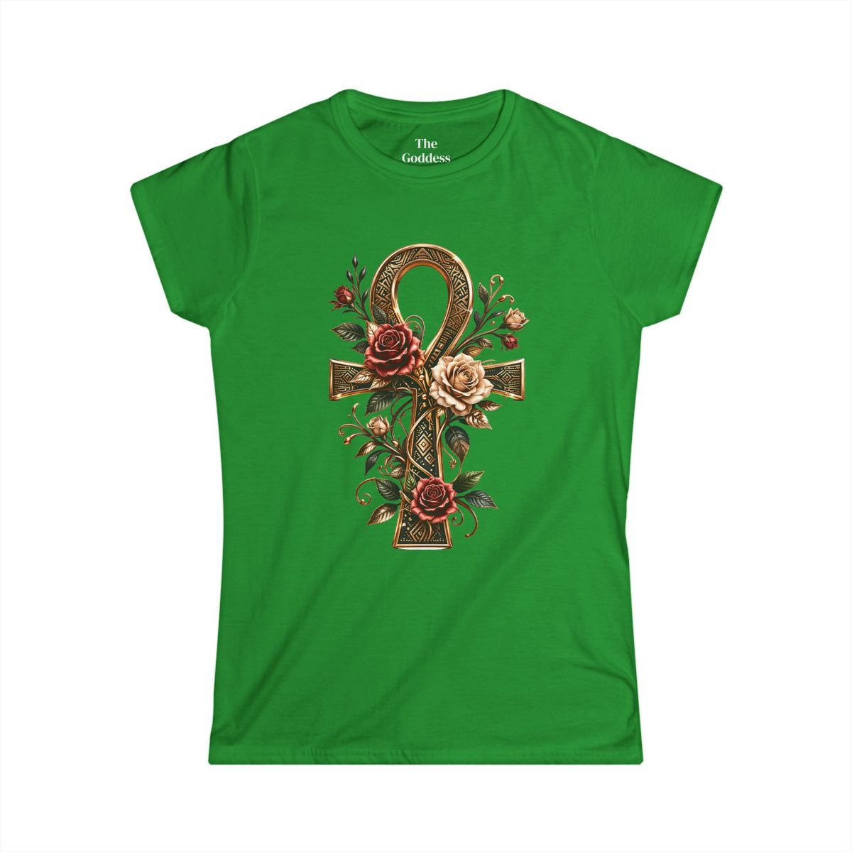 Egyptian Ankh Shirt, Floral Ankh Cross Tee, Goddess Life Symbol Tshirt, Spiritual Empowerment Gift, Gold Aesthetic Egyptian Mythology Top
