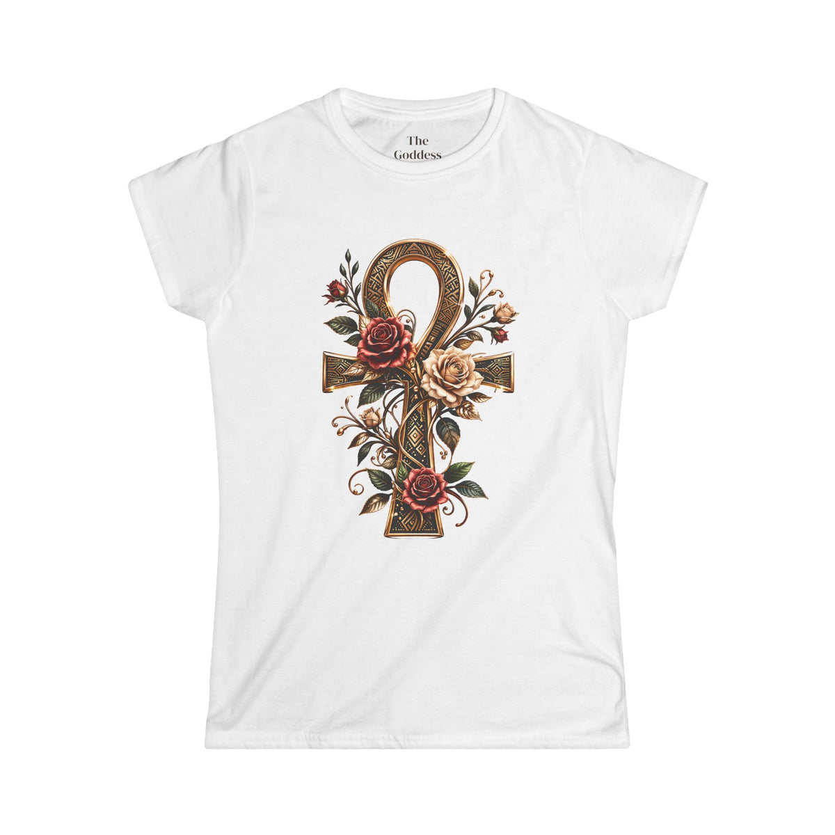Egyptian Ankh Shirt, Floral Ankh Cross Tee, Goddess Life Symbol Tshirt, Spiritual Empowerment Gift, Gold Aesthetic Egyptian Mythology Top