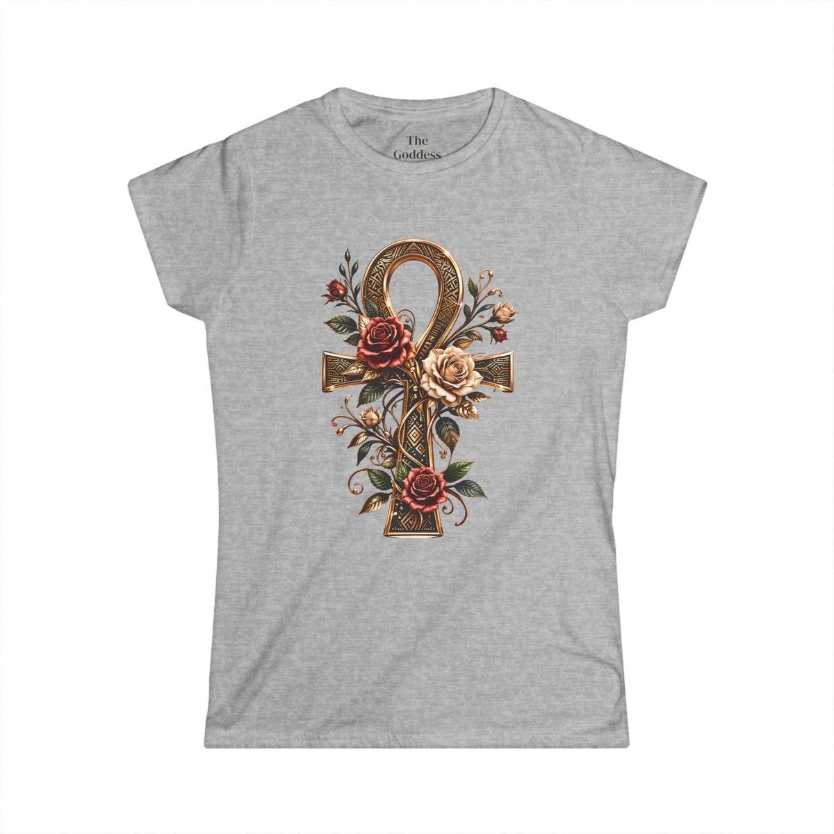 Egyptian Ankh Shirt, Floral Ankh Cross Tee, Goddess Life Symbol Tshirt, Spiritual Empowerment Gift, Gold Aesthetic Egyptian Mythology Top