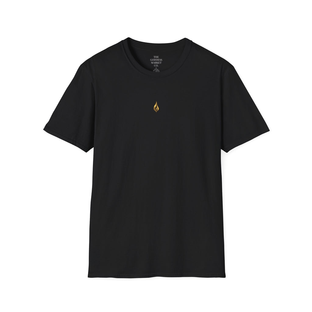 Divinely Covered Streetwear Graphic Tee | Gold Resilient Flame Minimalist T-Shirt | Luxury Unisex Empowerment Clothing | Survivor Armor Top