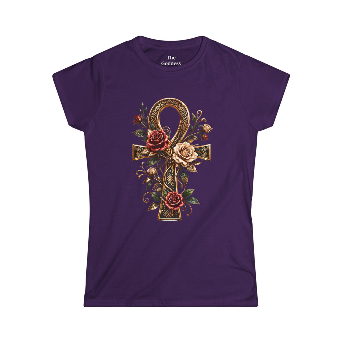 Egyptian Ankh Shirt, Floral Ankh Cross Tee, Goddess Life Symbol Tshirt, Spiritual Empowerment Gift, Gold Aesthetic Egyptian Mythology Top