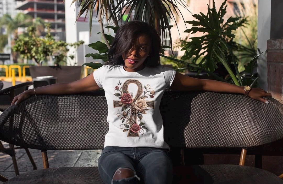 Egyptian Ankh Shirt, Floral Ankh Cross Tee, Goddess Life Symbol Tshirt, Spiritual Empowerment Gift, Gold Aesthetic Egyptian Mythology Top