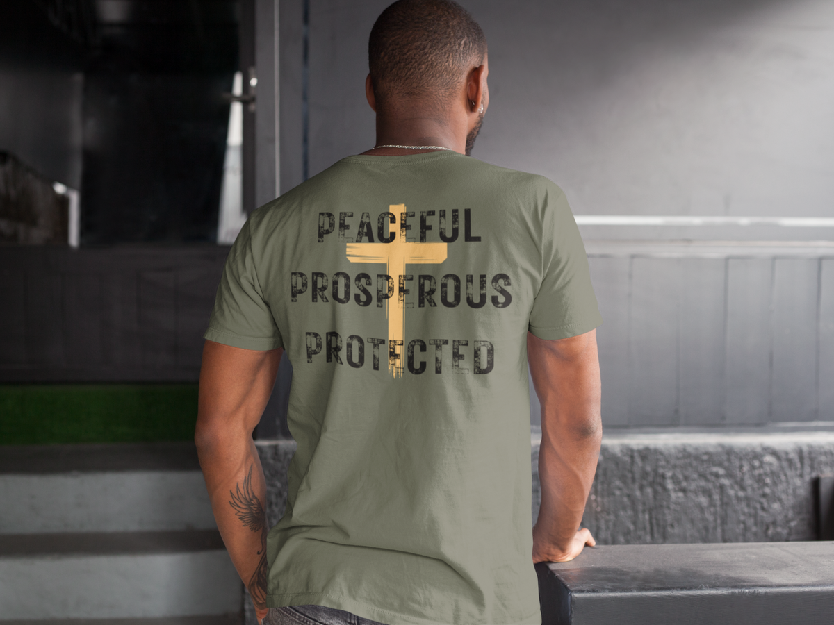 Peaceful Prosperous Protected Graphic Tee | Unisex Streetwear Heavyweight Cotton Shirt | Empowerment Gift for Survivors & Resilience Wear