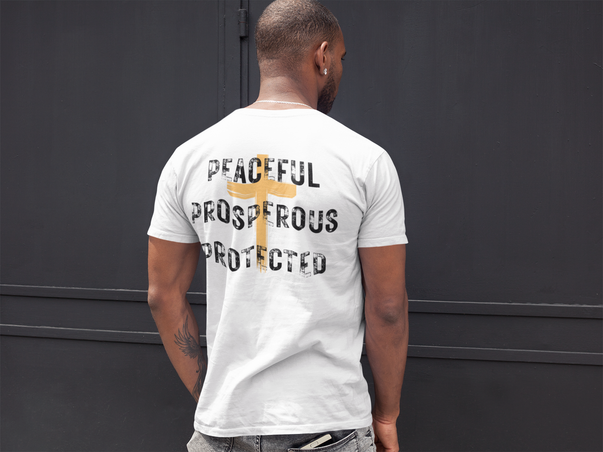 Peaceful Prosperous Protected Graphic Tee | Unisex Streetwear Heavyweight Cotton Shirt | Empowerment Gift for Survivors & Resilience Wear