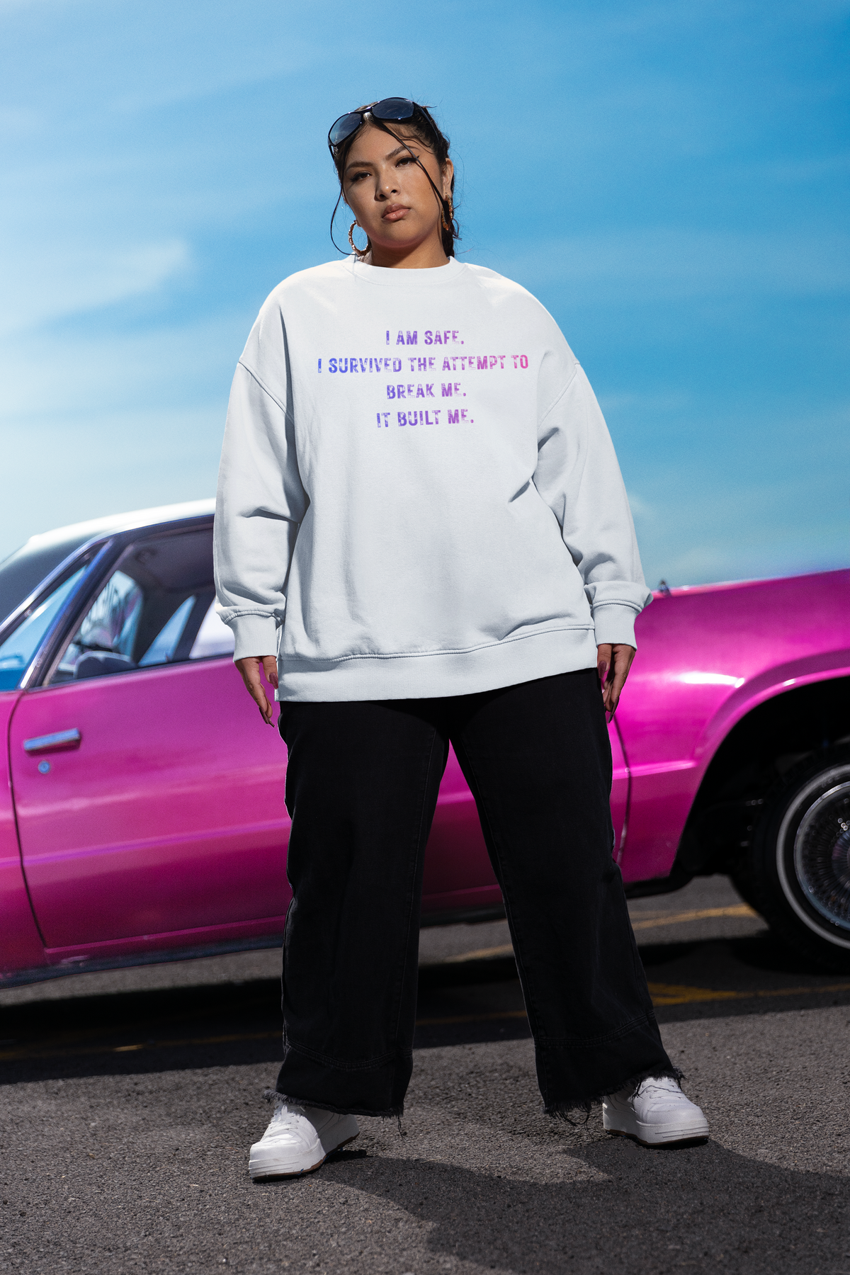 I Am Safe Streetwear Sweatshirt | Domestic Violence Survivor tee Goddess Energy Resilience Minimalist Affirmation Long Sleeve Sweater