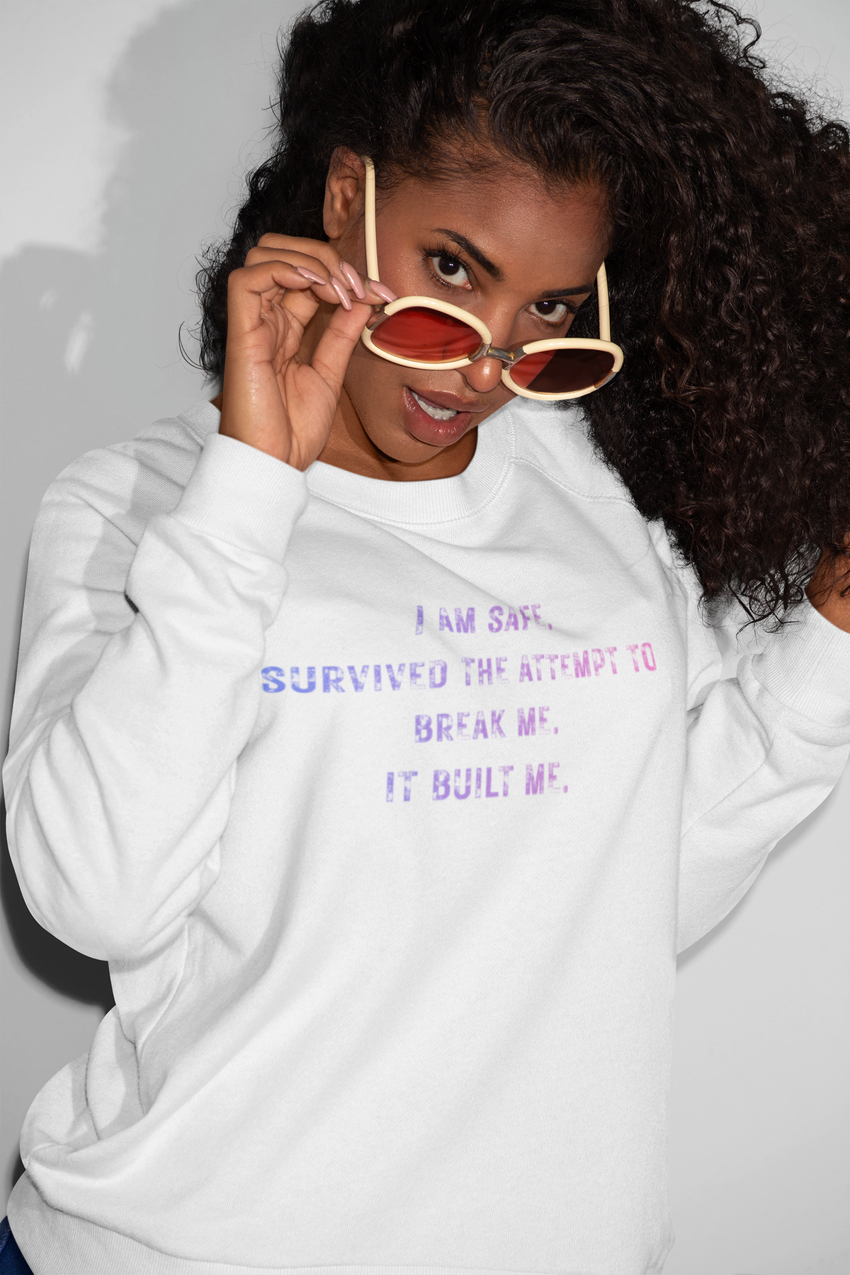 I Am Safe Streetwear Sweatshirt | Domestic Violence Survivor tee Goddess Energy Resilience Minimalist Affirmation Long Sleeve Sweater