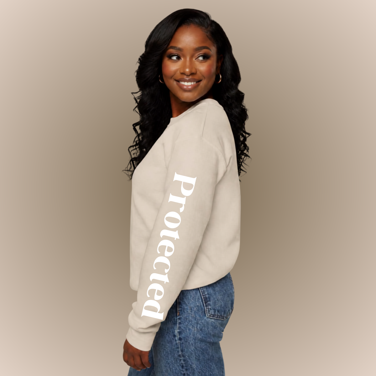 I AM Protected Streetwear Crewneck Sweatshirt | Solar Plexus Chakra Empowerment Sweater | Survivor Led Domestic Violence Awareness Apparel