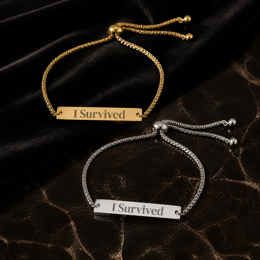 "I Survived" Engraved Bar Bracelet | Domestic Violence Survivor Gift | Trauma Recovery & Empowerment Jewelry | Gold Cuff / Chain Bracelet for Strength & Healing