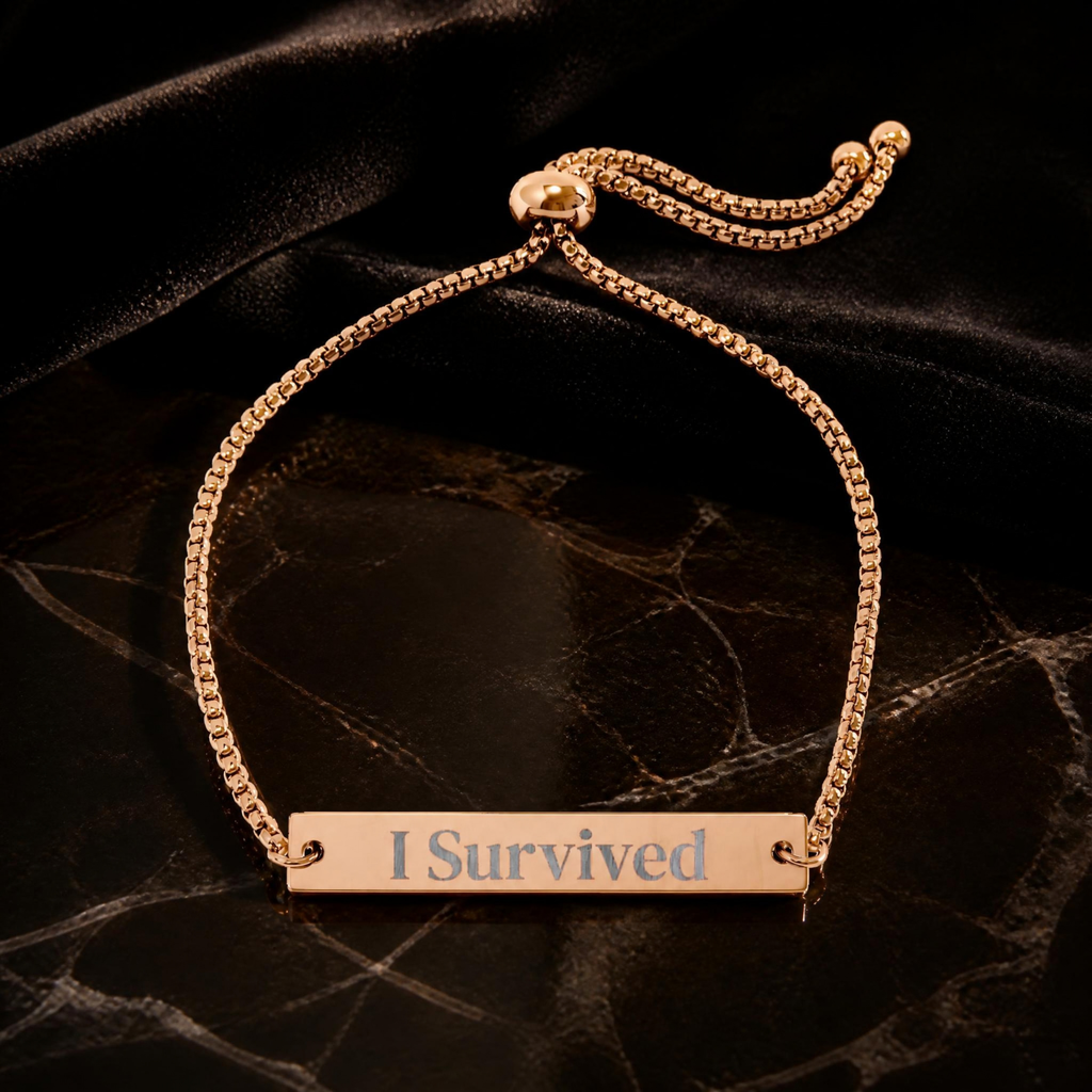 "I Survived" Engraved Bar Bracelet | Domestic Violence Survivor Gift | Trauma Recovery & Empowerment Jewelry | Gold Cuff / Chain Bracelet for Strength & Healing