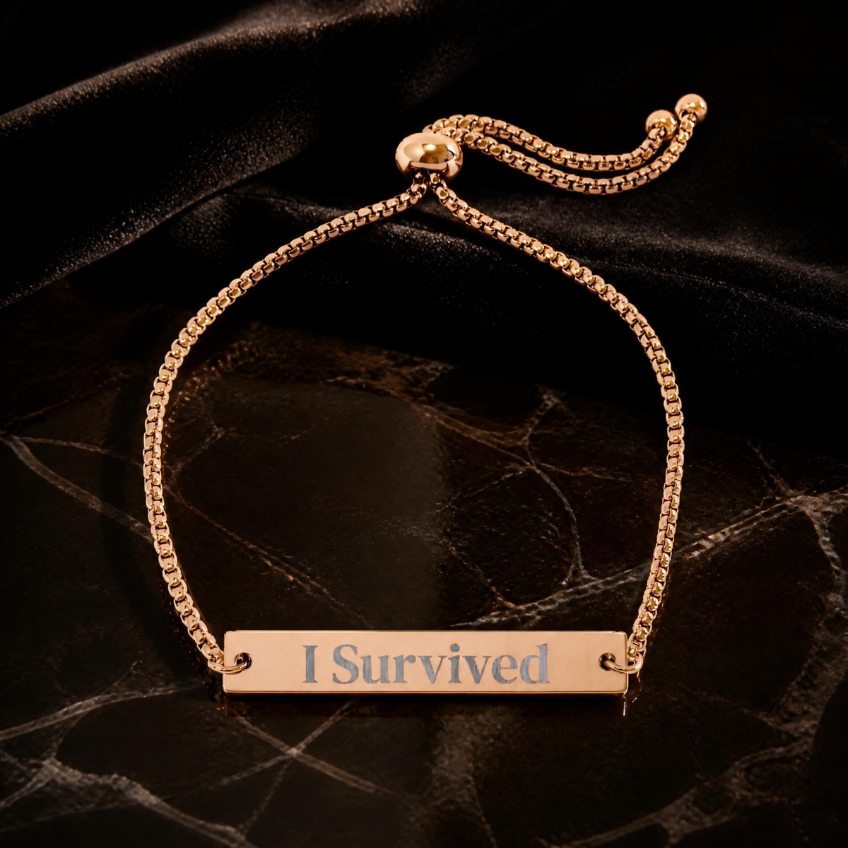 "I Survived" Engraved Bar Bracelet | Domestic Violence Survivor Gift | Trauma Recovery & Empowerment Jewelry | Gold Cuff / Chain Bracelet for Strength & Healing