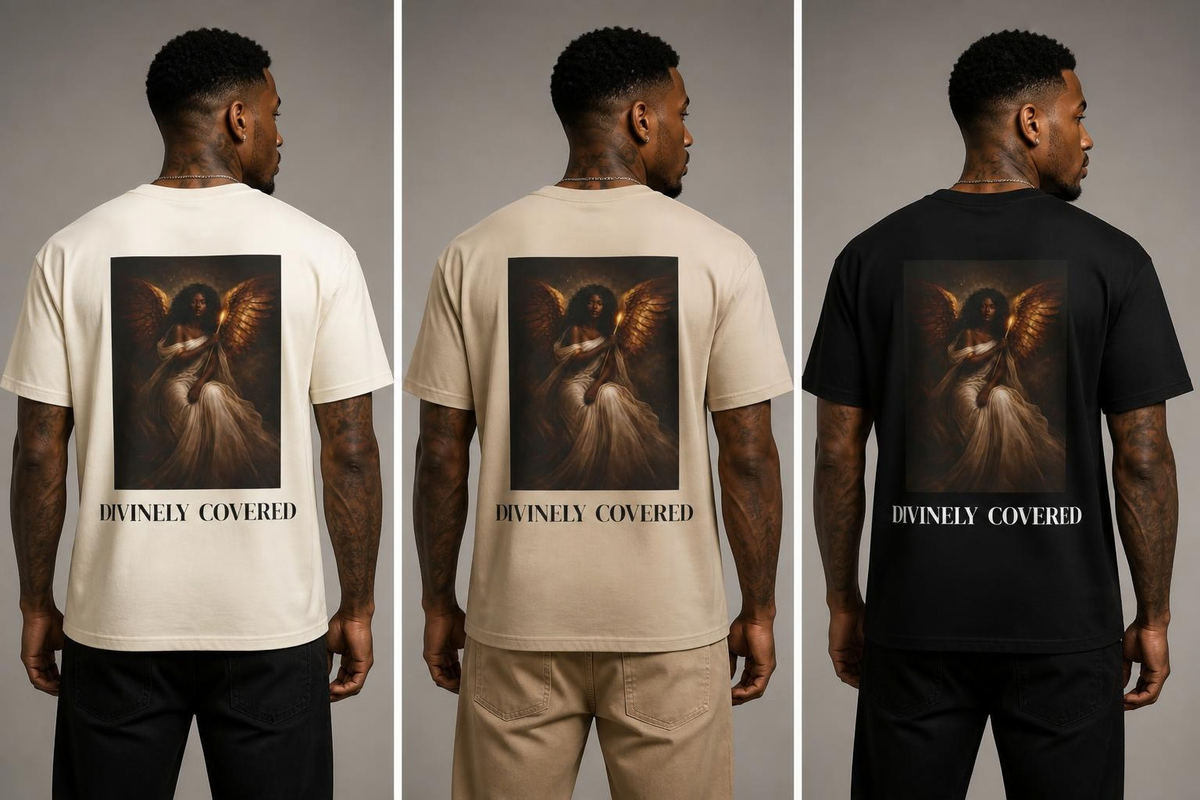 Divinely Covered Angel Shirt, Unisex Spiritual Streetwear, Black Angel Graphic Tee, Guardian Protection Shirt, Ethereal Oversized Aesthetic