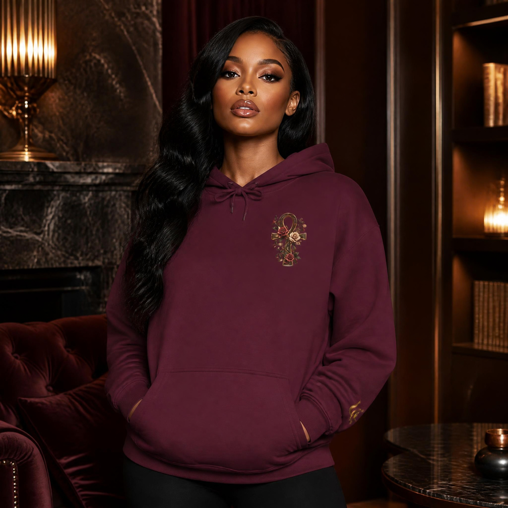 Ankh Rose Cross Heavyweight Hoodie — Goddess Energy Streetwear Pullover