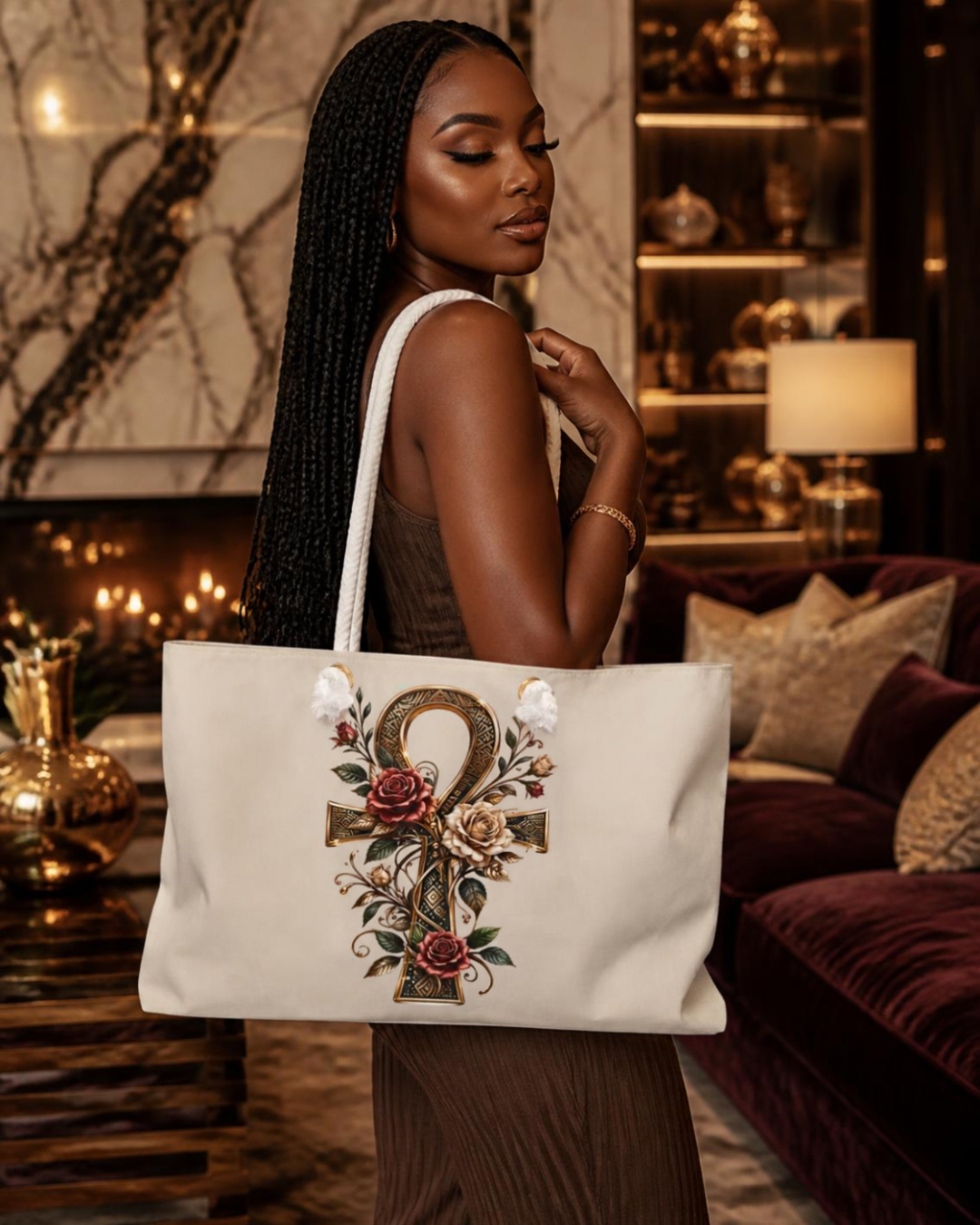 Sacred Ankh Rose Tote Bag, Afrocentric Spiritual Weekender,  Divine Feminine Travel Bag, Black Goddess Gift, Large Aesthetic Canvas Carry On