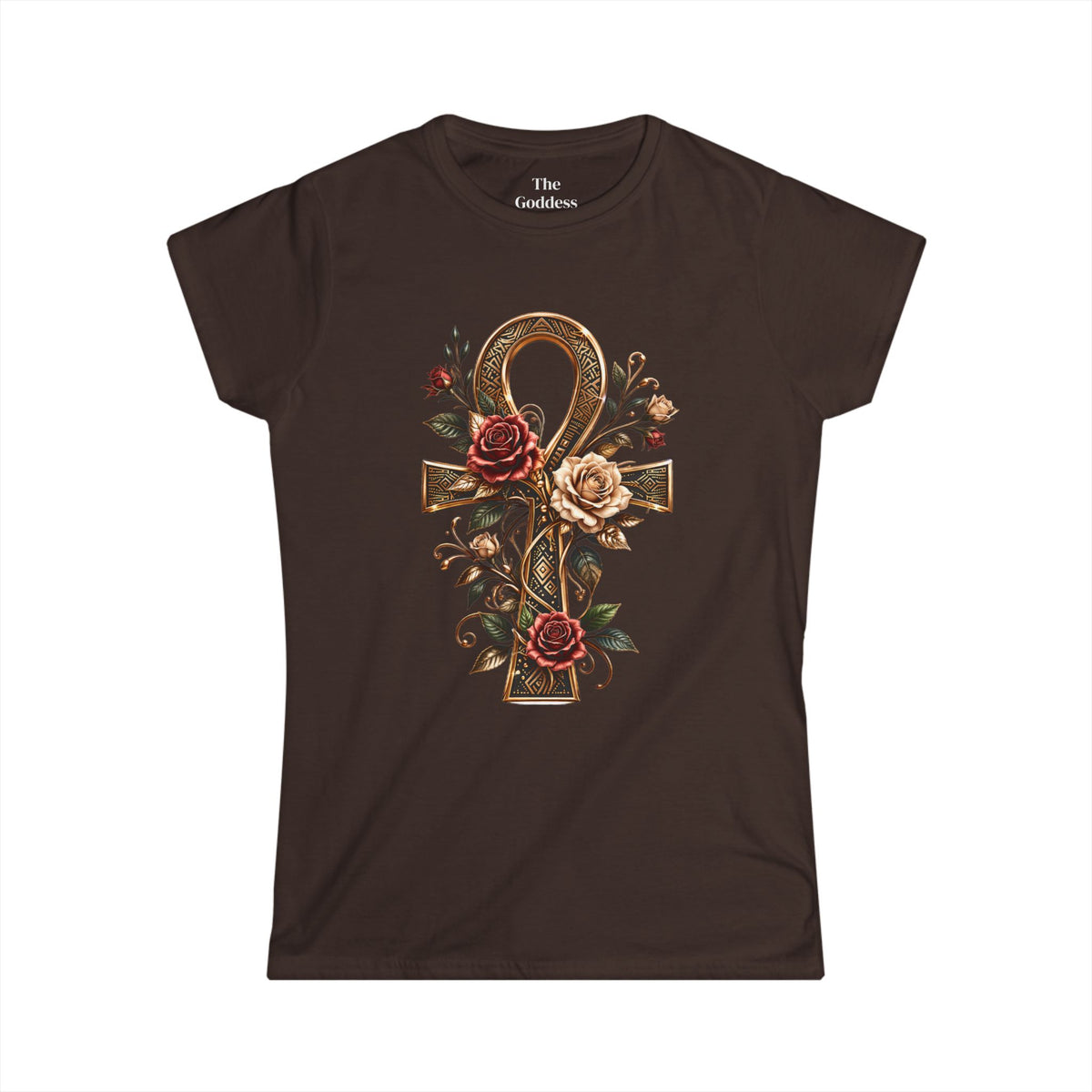 Egyptian Ankh Shirt, Floral Ankh Cross Tee, Goddess Life Symbol Tshirt, Spiritual Empowerment Gift, Gold Aesthetic Egyptian Mythology Top