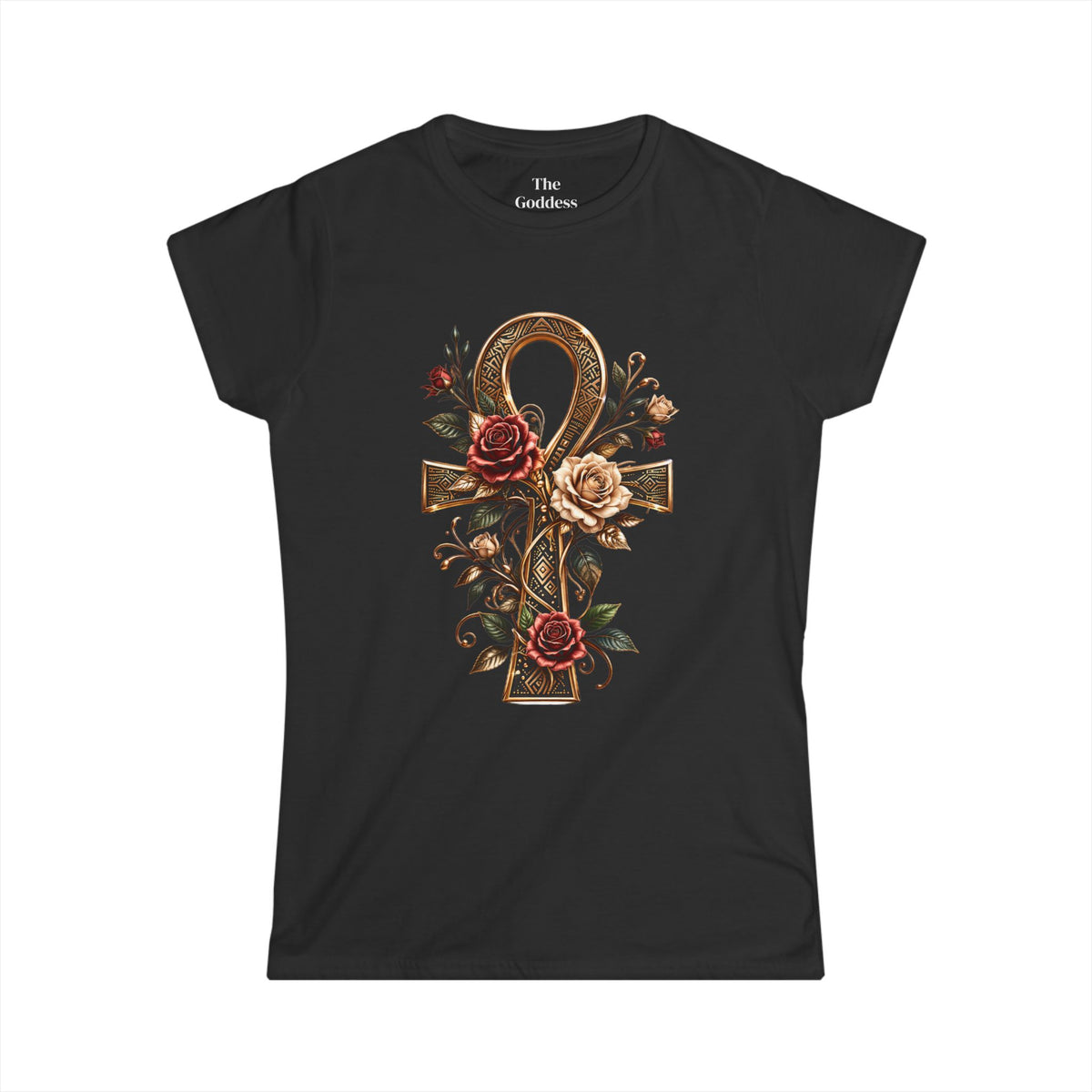 Egyptian Ankh Shirt, Floral Ankh Cross Tee, Goddess Life Symbol Tshirt, Spiritual Empowerment Gift, Gold Aesthetic Egyptian Mythology Top