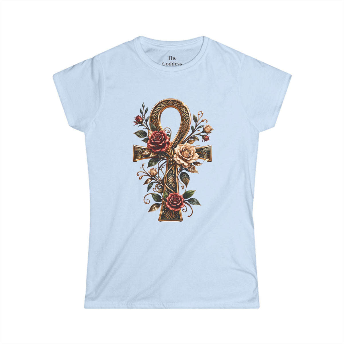 Egyptian Ankh Shirt, Floral Ankh Cross Tee, Goddess Life Symbol Tshirt, Spiritual Empowerment Gift, Gold Aesthetic Egyptian Mythology Top