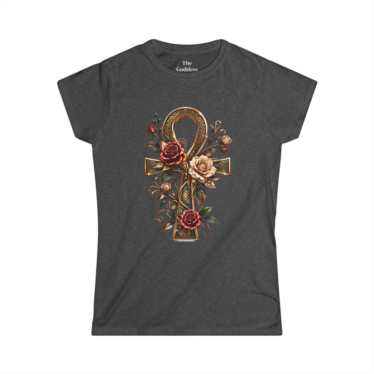 Egyptian Ankh Shirt, Floral Ankh Cross Tee, Goddess Life Symbol Tshirt, Spiritual Empowerment Gift, Gold Aesthetic Egyptian Mythology Top