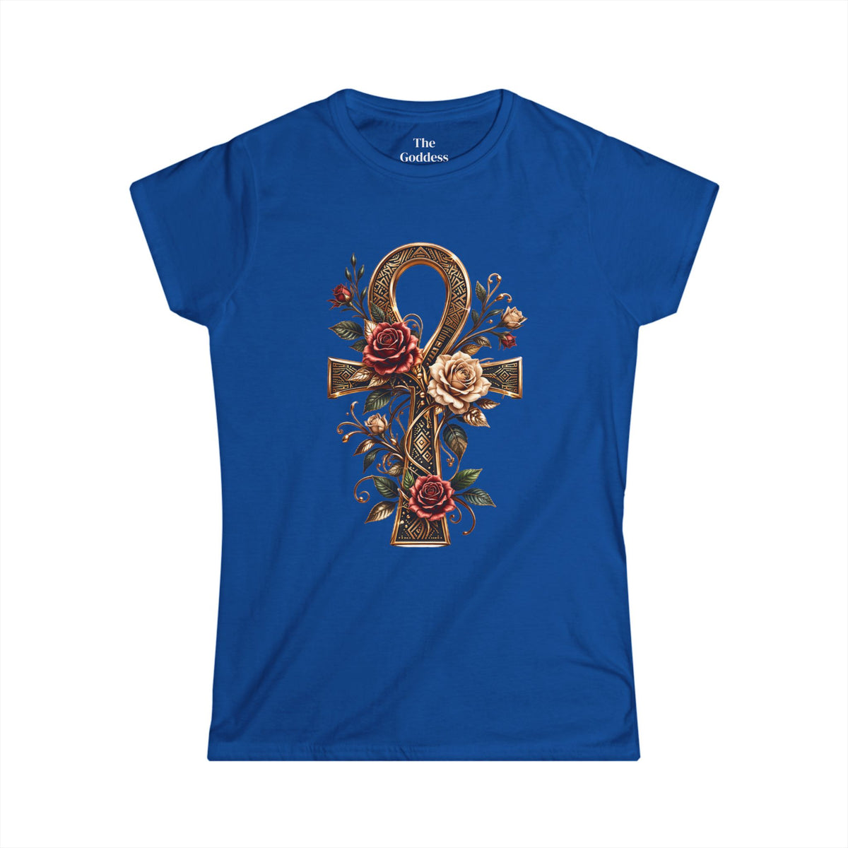 Egyptian Ankh Shirt, Floral Ankh Cross Tee, Goddess Life Symbol Tshirt, Spiritual Empowerment Gift, Gold Aesthetic Egyptian Mythology Top