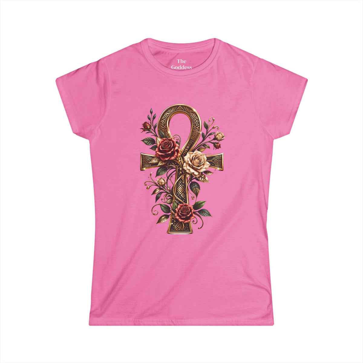 Egyptian Ankh Shirt, Floral Ankh Cross Tee, Goddess Life Symbol Tshirt, Spiritual Empowerment Gift, Gold Aesthetic Egyptian Mythology Top