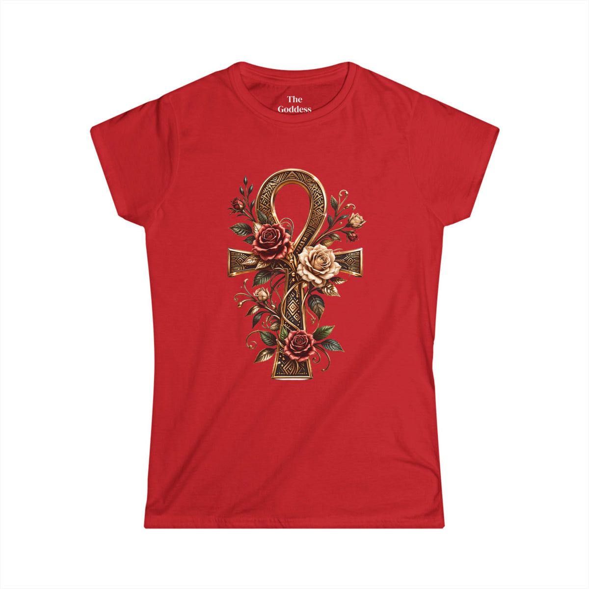 Egyptian Ankh Shirt, Floral Ankh Cross Tee, Goddess Life Symbol Tshirt, Spiritual Empowerment Gift, Gold Aesthetic Egyptian Mythology Top