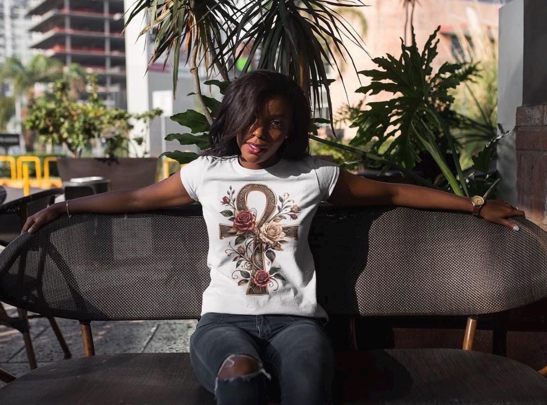Egyptian Ankh Shirt, Floral Ankh Cross Tee, Goddess Life Symbol Tshirt, Spiritual Empowerment Gift, Gold Aesthetic Egyptian Mythology Top